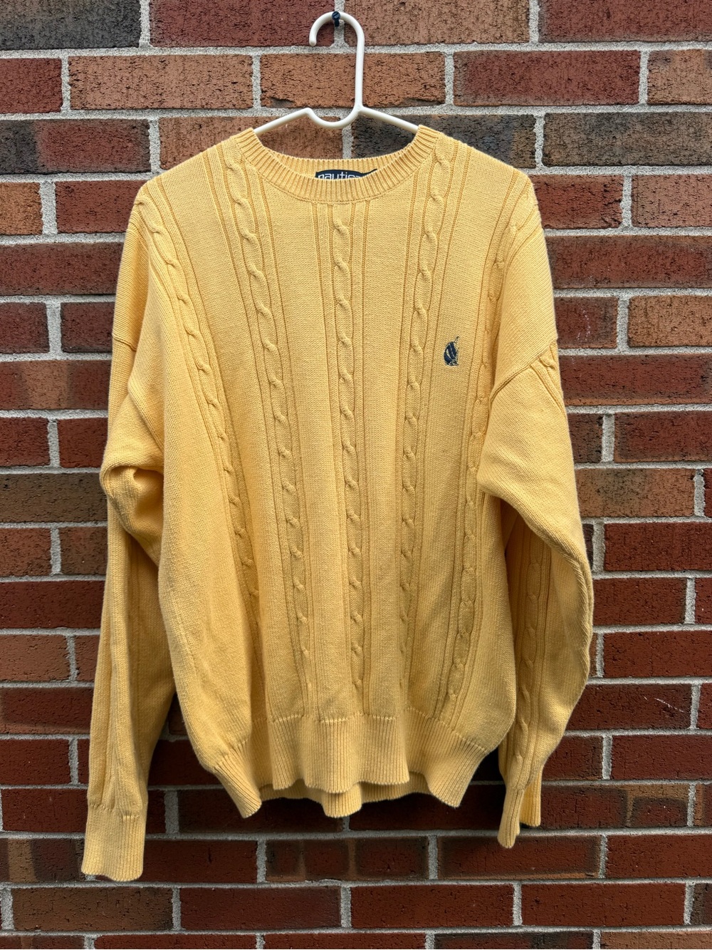 Vintage Nautica Yellow Cable Knit Cotton Sweater Men’s XL/TG Sailboat Logo